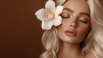 Naklejka premium Beautiful young blonde woman with flowers and petals on her face. Beauty parlor horizontal banner concept, copyspace Brown, beige and mocha mousse colors.. 