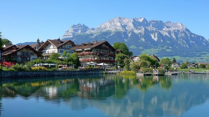 Fototapeta premium Scenic lakeside view with mountains and charming buildings.