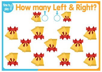 children's educational game, tasks. count how many elements will be placed on the right and how many on the left. New Year. Christmas	