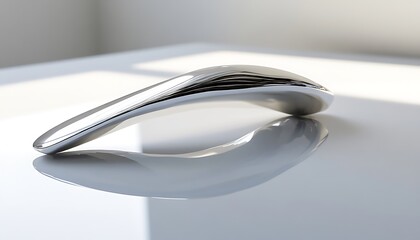 A silver pin with a sleek, modern design resting on a clean white surface, highlighted by bright lighting and sharp reflections. contrast, white background, well-lit