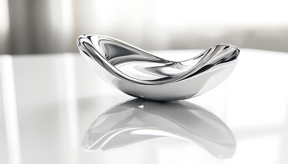 A silver pin with a sleek, modern design resting on a clean white surface, highlighted by bright lighting and sharp reflections. contrast, white background, well-lit, sharp, realistic