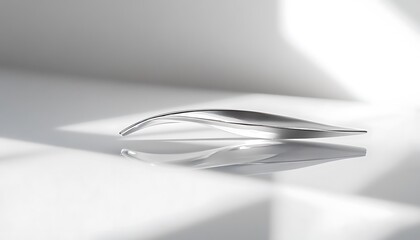 A silver pin with a sleek, modern design resting on a clean white surface, highlighted by bright lighting and sharp reflections. contrast, white background, well-lit, sharp, realistic