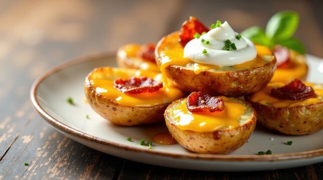 Delicious cheesy potato skins with bacon bits and creamy topping served on a plate