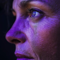 Close-up Portrait: Woman's Face, Textured Skin, Purple Hue