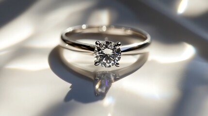 A silver ring with a sparkling gemstone displayed on a flawless white surface, casting vivid reflections and soft shadows. contrast, white background, well-lit, sharp, realistic
