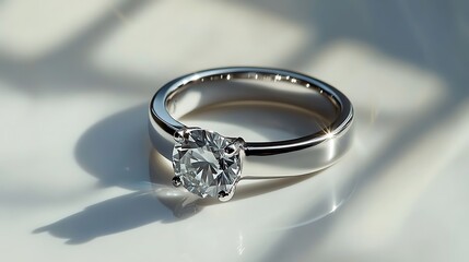 A silver ring with a sparkling gemstone displayed on a flawless white surface, casting vivid reflections and soft shadows. contrast, white background, well-lit, sharp, realistic