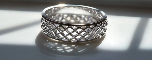 A silver ring with intricate patterns displayed on a pristine white surface, casting crisp shadows under vivid lighting. contrast, white background, well-lit, sharp