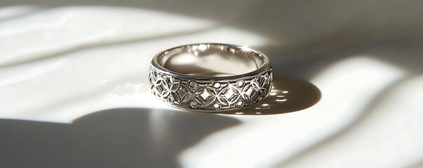 A silver ring with intricate patterns displayed on a pristine white surface, casting crisp shadows under vivid lighting. contrast, white background, well-lit, sharp