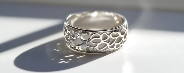 A silver ring with intricate patterns displayed on a pristine white surface, casting crisp shadows under vivid lighting. contrast, white background, well-lit, sharp, realistic