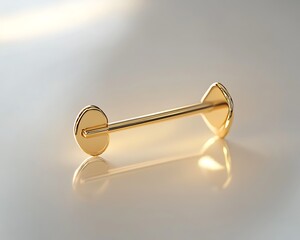 A simple gold pin displayed on a smooth white background, illuminated with sharp lighting and intricate reflections. contrast, white background, well-lit, sharp, realistic