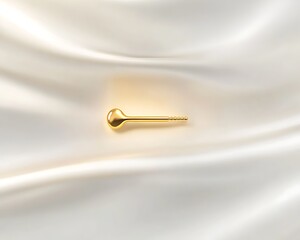 A simple gold pin displayed on a smooth white background, illuminated with sharp lighting and intricate reflections.