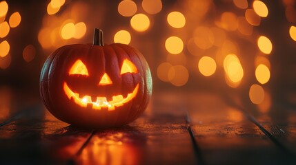 Spooky Jack-o'-lantern on a Wooden Table with Festive Bokeh Lights