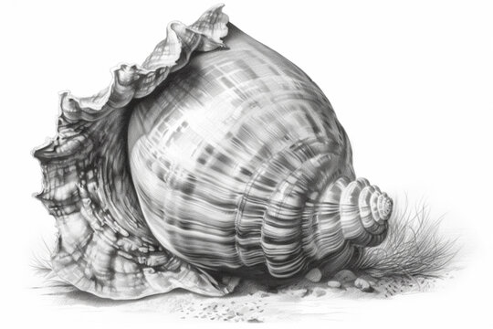 sea shell on a white background, black and white drawing, illustration., watercolor style, 