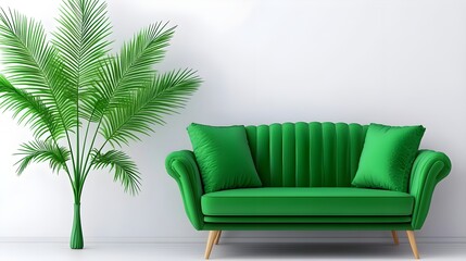 Modern Green Sofa Surrounded by Lush Green Plant in Cozy Interior Setting with Bright White Wall and Wooden Flooring for Stylish Living Spaces