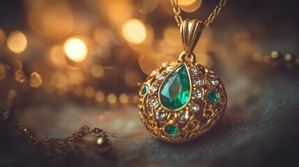 Elegant Gold Necklace with Emerald and Diamond Accent in Focus