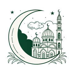 Fototapeta premium Islamic Mosque and Crescent Moon, Colorful Outline Design