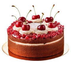 Chocolate cake with whipped cream and fresh fruits on a dark background.