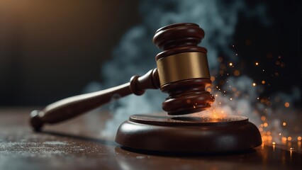 Symbol of justice in action with a gavel and swirling smoke creating a dramatic atmosphere