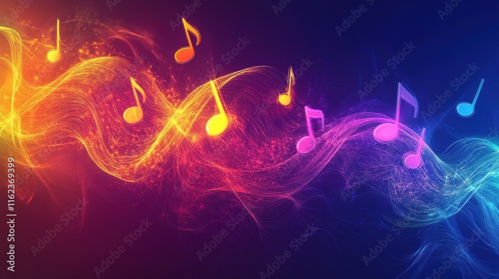 Poster Colorful 3D music notes flowing through vibrant waves in a dark background creating an energetic atmosphere. Generative AI