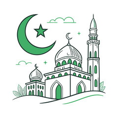 Fototapeta premium Islamic Mosque and Crescent Moon, Colorful Outline Design