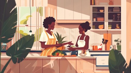 Two women preparing a meal together in the kitchen and serving dinner.