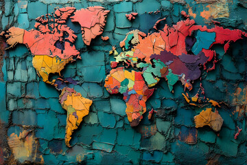 Artistic representation of a colorful world map made of textured fragments