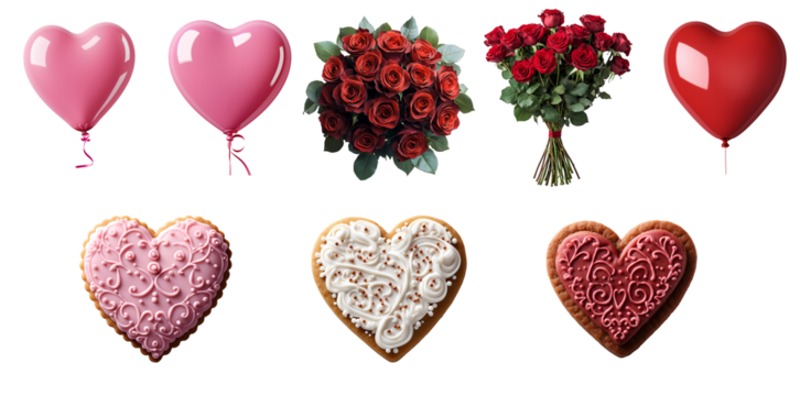 Valentine's Day flat lay collection set PNG. Pink and red heart shaped balloons PNG. Bouquet of red roses top view PNG. Red roses bouquet. Heart shaped cookie with pink, white and red frosting. Love