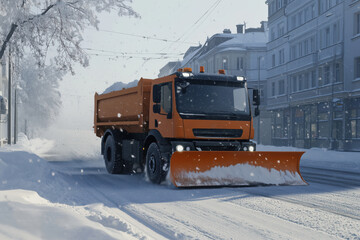 Snow plowing machine in suburban neighborhood during snow winter storm 