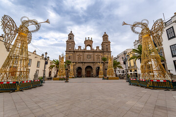 Cathedral and Santa Ana square with beautiful christmas decorations, Las Palmas of Gran canaria, Canary islands Vegueta
