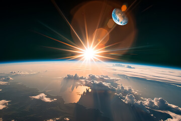 The sun is shining brightly on the Earth, creating a beautiful