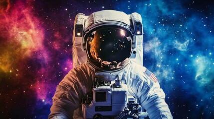 Astronaut explores colorful galaxy during a space mission. Generative AI
