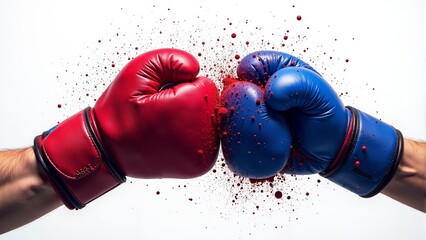 Dynamic confrontation between red and blue boxing gloves in a burst of action