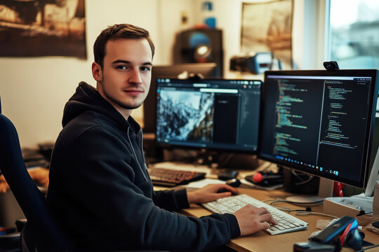 Portrait of male programmer in office. Development programmer working software and coding technology