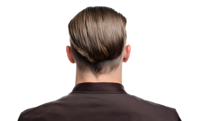 Modern Mullet haircut features longer hair on top and shorter hair on the sides, back view image, popular male hairstyle.
