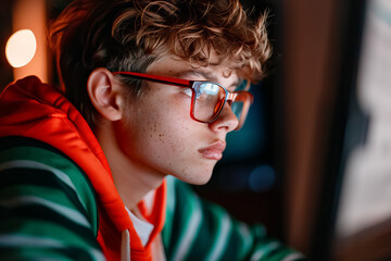 A young man wearing glasses and an orange hoodie is looking at a computer screen
