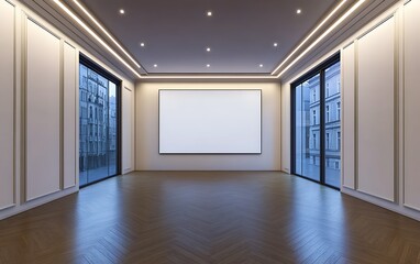 Empty modern room with large blank canvas, hardwood floors, and city view.