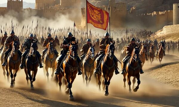 Epic Historical Cavalry Charge with Soldiers in Armor Riding Horses and Displaying Flags Against a Dramatic Landscape of Fortifications and Mountains