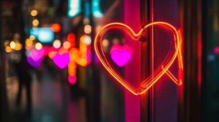 Heart-shaped lights illuminating a vibrant urban street at night. Generative AI