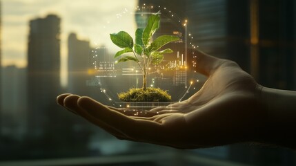 A hand holding a plant with glowing digital elements, symbolizing innovation and sustainability