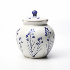 White Porcelain Jar with Blue Floral Design Lidded Ceramic Container