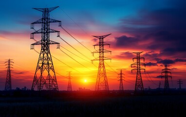 Silhouetted high-voltage power lines at sunset.