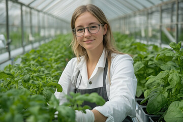 The concept of developing and growing organic vegetables. Female academics while working in a greenhouse, health trends and sustainable life.