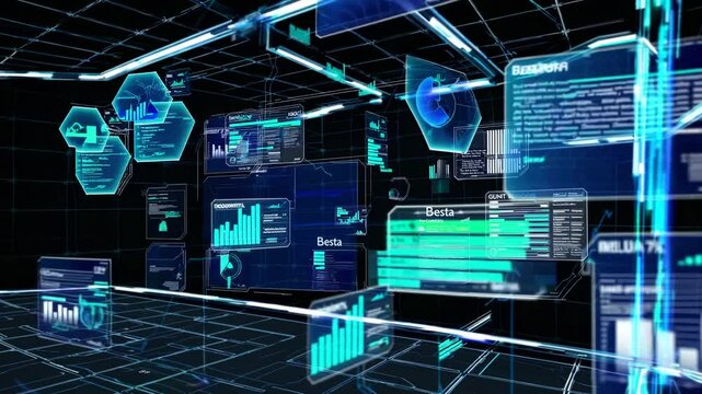 Futuristic digital interface with graphs, data analytics, and holographic displays representing advanced technology and innovation.
