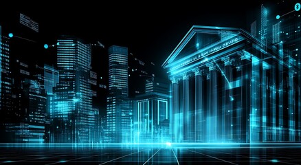 Futuristic digital bank building in a glowing cityscape at night.