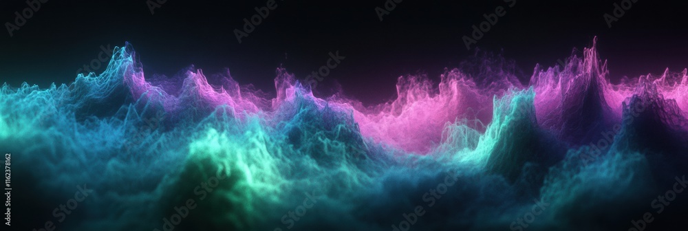 Aufkleber Mesmerizing display of pulsating 3D light waves with vibrant neon glow in a digital realm. Generative AI