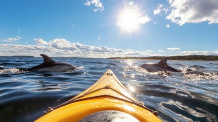 Kayaking with dolphins in sunny ocean.