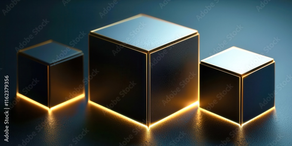 Poster three cubes are lit up and placed on a black surface