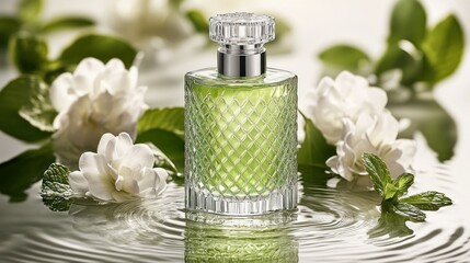 Elegant perfume bottle surrounded by flowers and leaves.