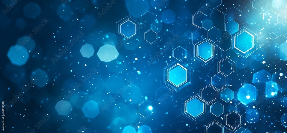 Poster Abstract blue background with hexagonal patterns and soft bokeh effects.