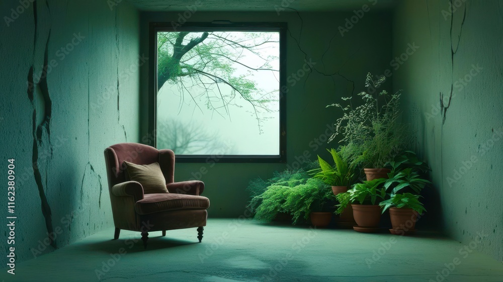 Poster chair is sitting in front of a window in a room with plants